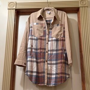 Beige and Plaid Long Sleeve Shirt Dress